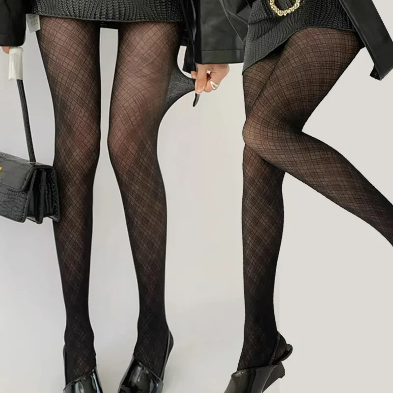 Sexy Rhombus Lattice Stocking Women Black Thin Elastic Pantyhose Hot Girl Unique Tights Thigh High Waist Nylon Mesh Long Legging