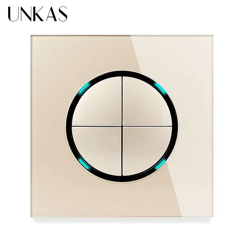 UNKAS Grey 1 2 3 4 Gang 1 / 2 Way Random Click on / Off Pass Through Wall Light Switch LED Indicator Gray Crystal Glass Panel image 3