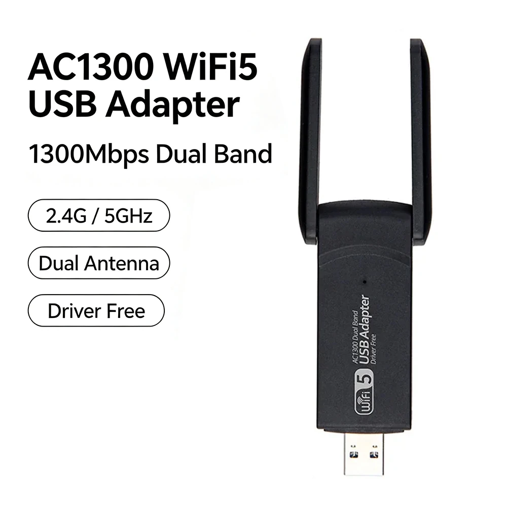 AC1300 WiFi5 USB2.0 WiFi Adapter 1300Mbps Dual Band 2.4G&5G WiFi Dongle Driver Free Wireless Network Card For Desktop Laptop PC view 2