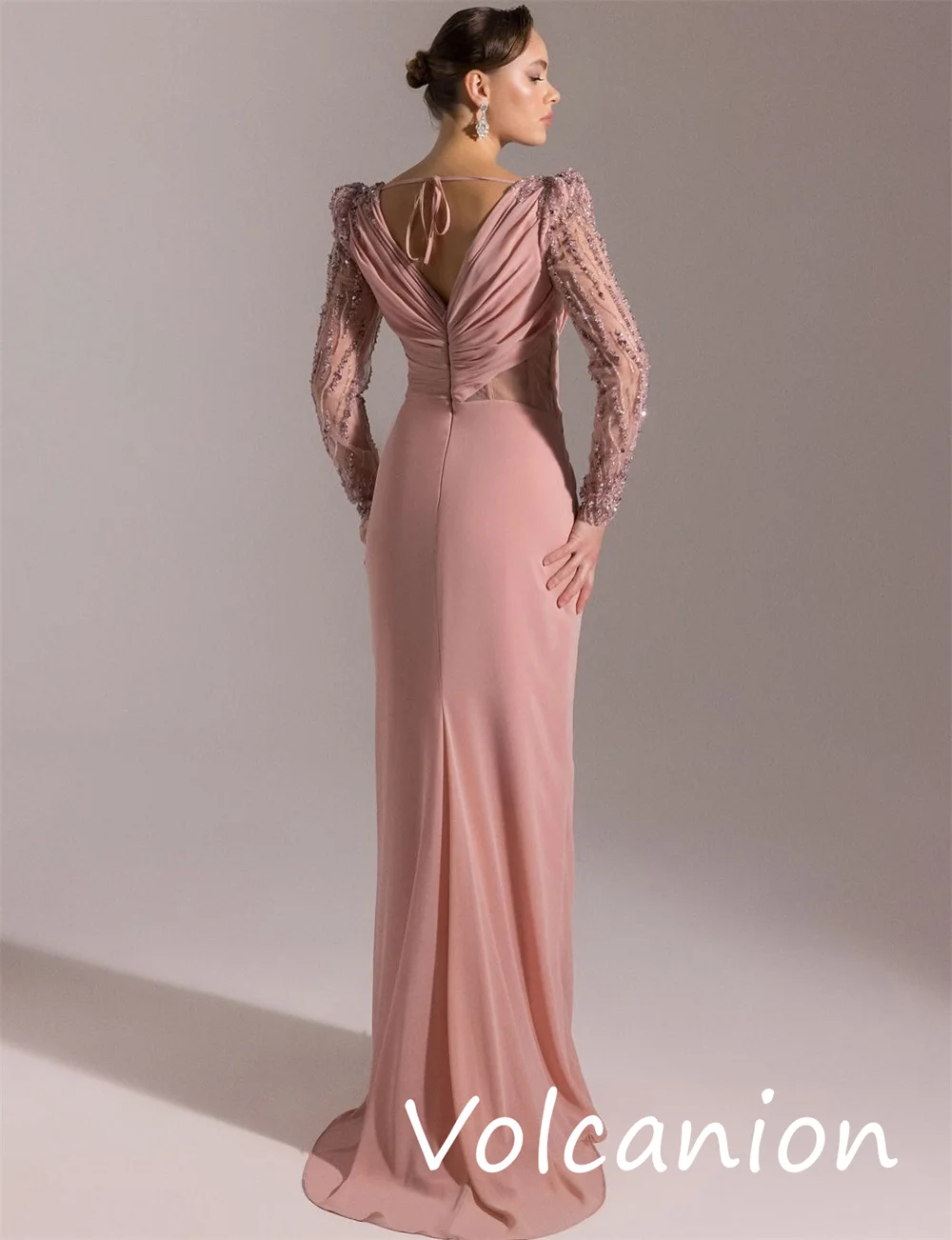 カスタマイズされたスパークルマッチングジャージスパンコールプリーツストレートVネックロングドレスオーダーメイドオケージョンファッション