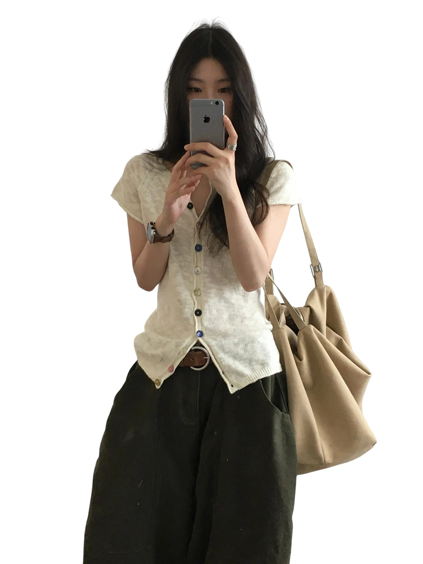 Korean Sle Unique Design Single Button ort Sve T-irt Women's Summer Faionable Unique Small Open Cardigan