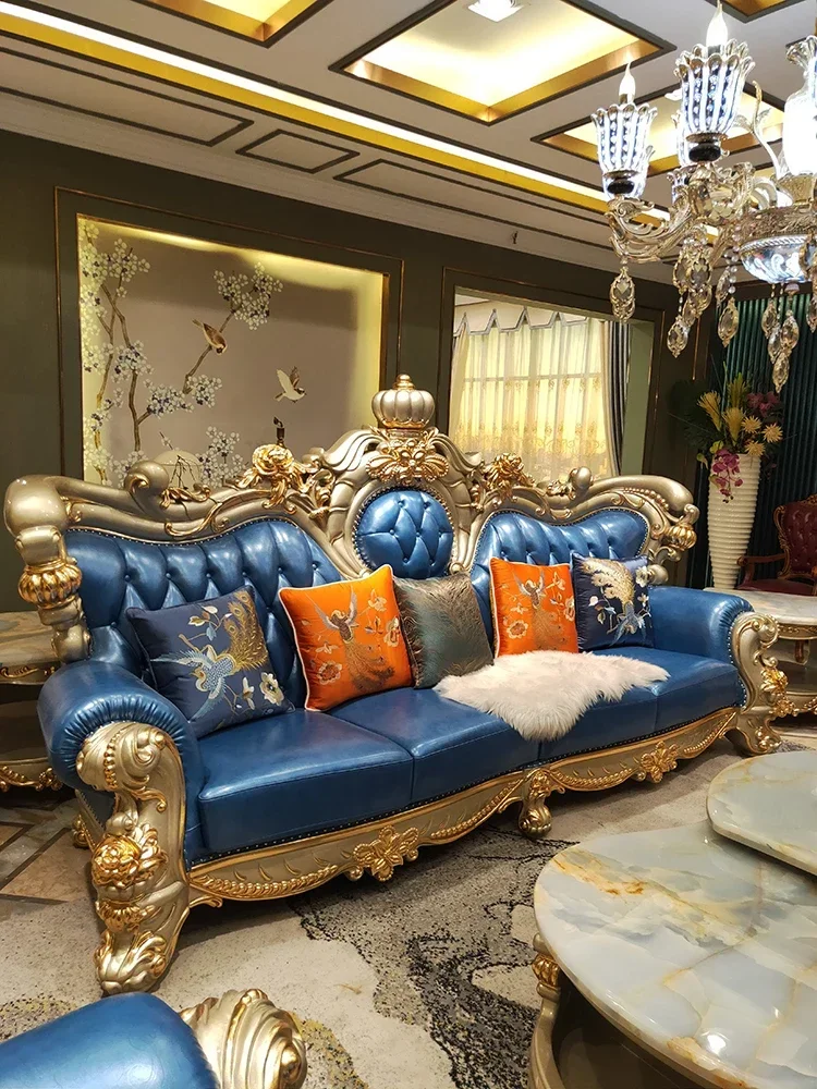 European Villa Crown sofa imported cowhide solid wood carved Champagne gold leaf furniture big 124 combination blue