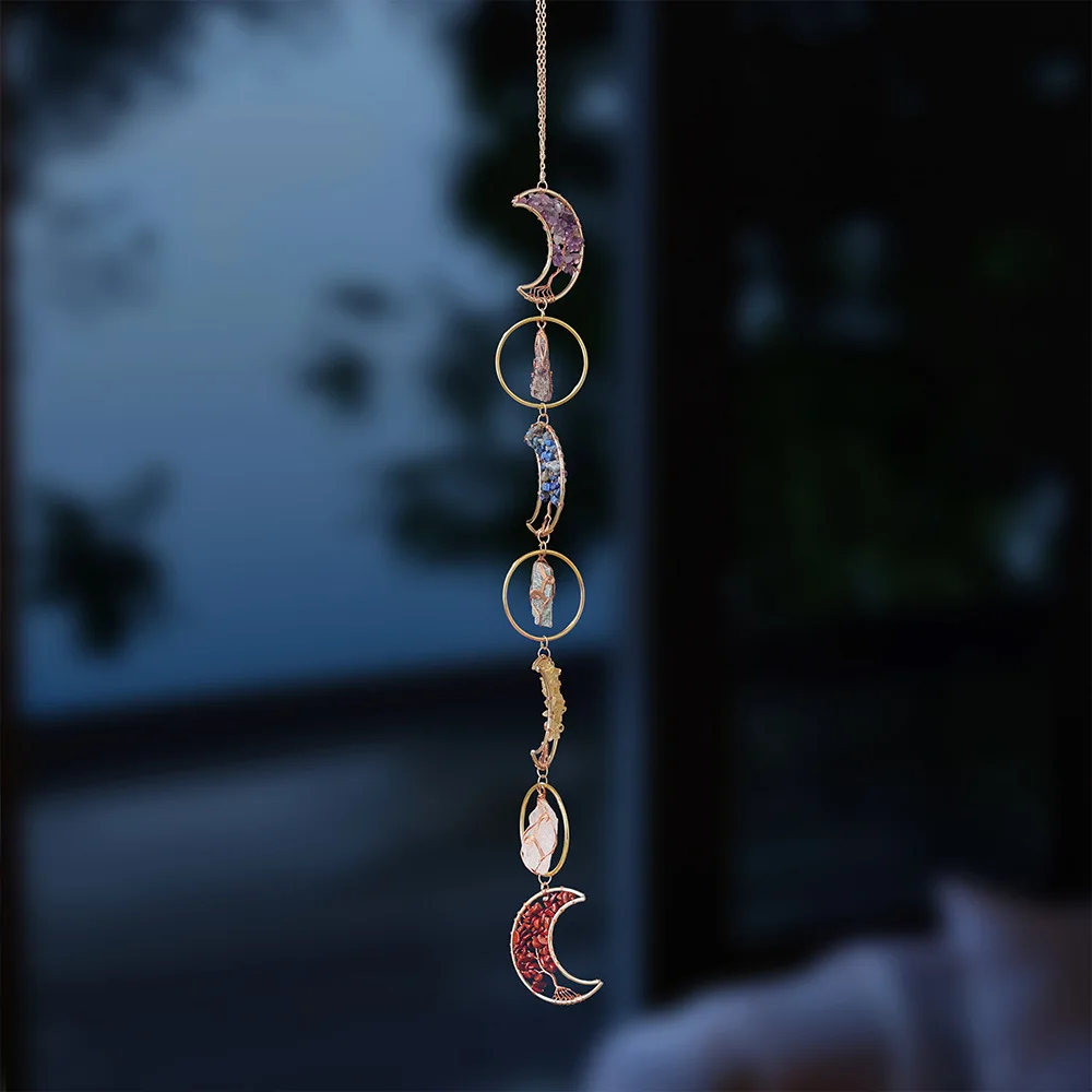 Amethyst Moon Natural Crystal Chips Suncatcher Rainbow Maker Handmade Wind Chime Hanging Ornament Window Light Home Decor Giftou