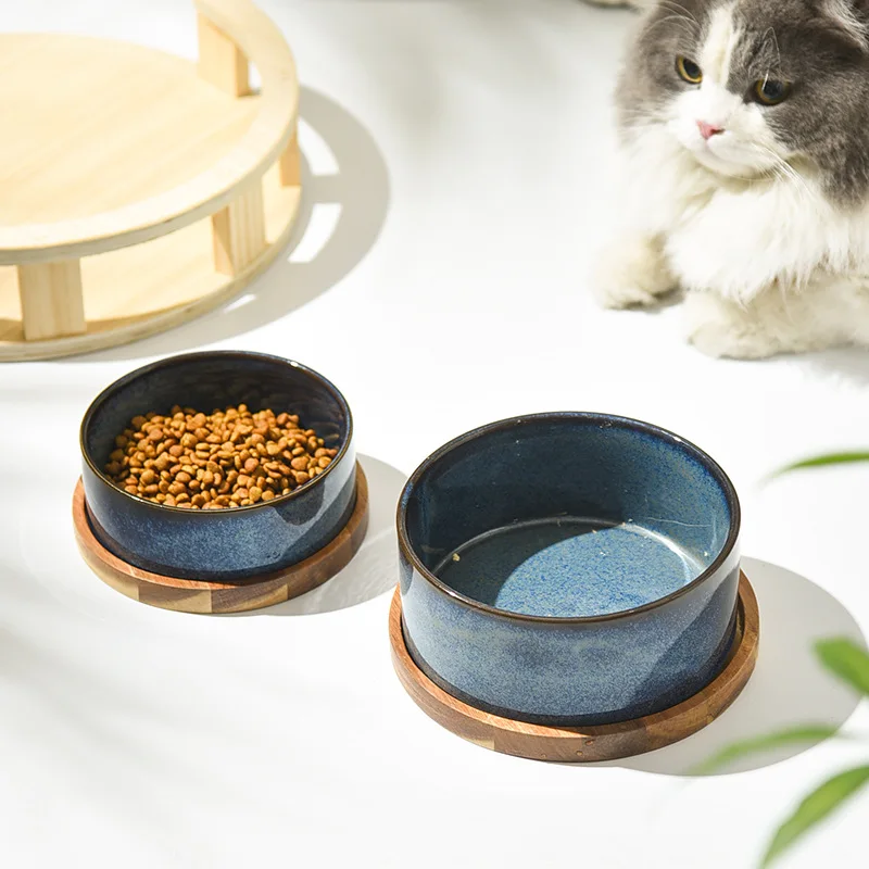 Dog Bowl Ceramic Matte Pet Bowl Cervical Spine Protector Anti Knock Over Wooden Tray Pet Feeding Supplies Cat Accessories