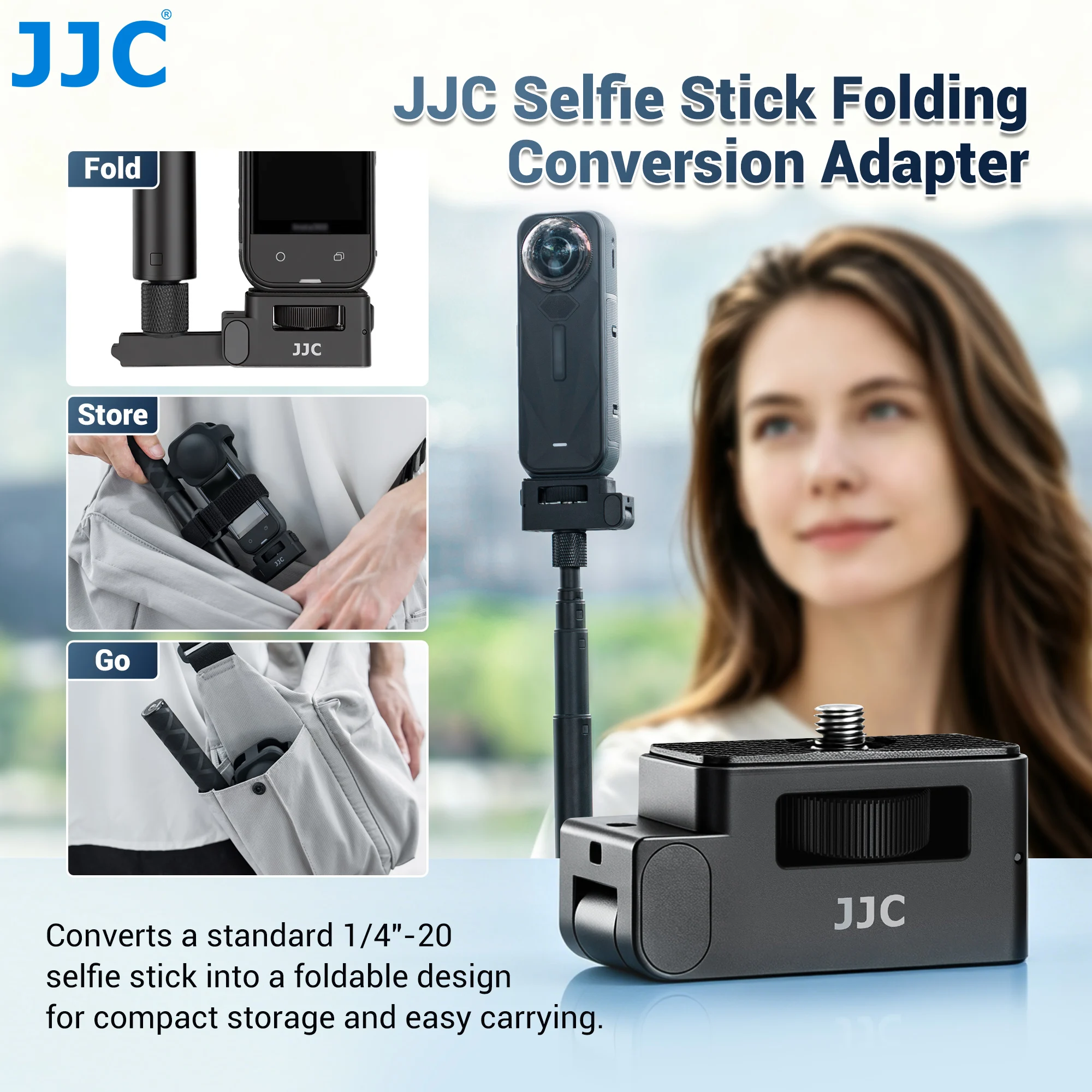 JJC FPA-1 Folding Selfie Stick Adapter For Insta360 X6 X5 X4 X4 Air X3 DJI Osmo 360 II with 1/4