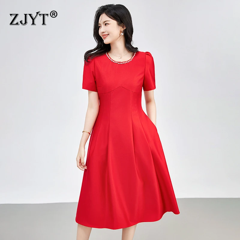 

ZJYT Elegant Beading O Neck Midi Party Dresses for Women 2024 Summer Clothes Short Sleeve Formal Occasion Dress Vestidos Black