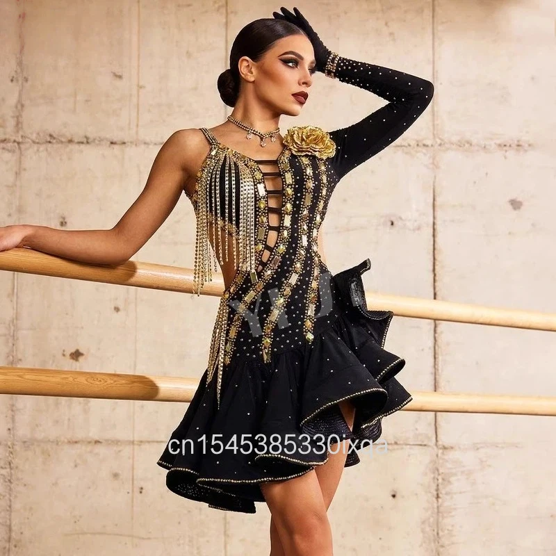 Latin Dance Performance Costume AB Stone Female Adult High-End Customized Black Gold Hollow Dress Black Pool Samba Rumba Dress