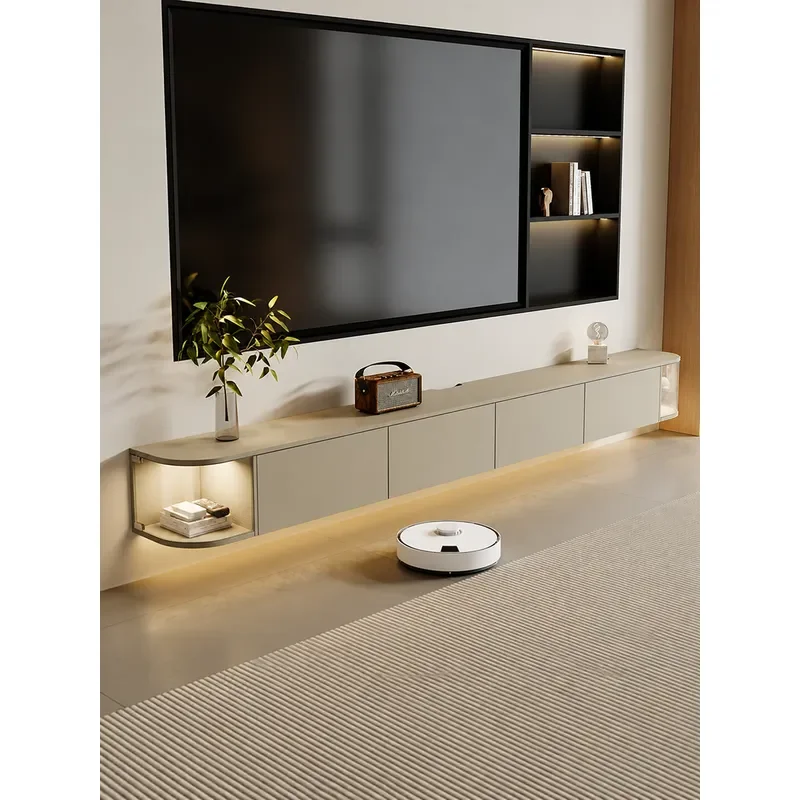 Solid Wood Curved Corner Wall Mounted TV Cabinet with Light 30cm Ultra Thin Floating Shelf for Living Room Narrow Space