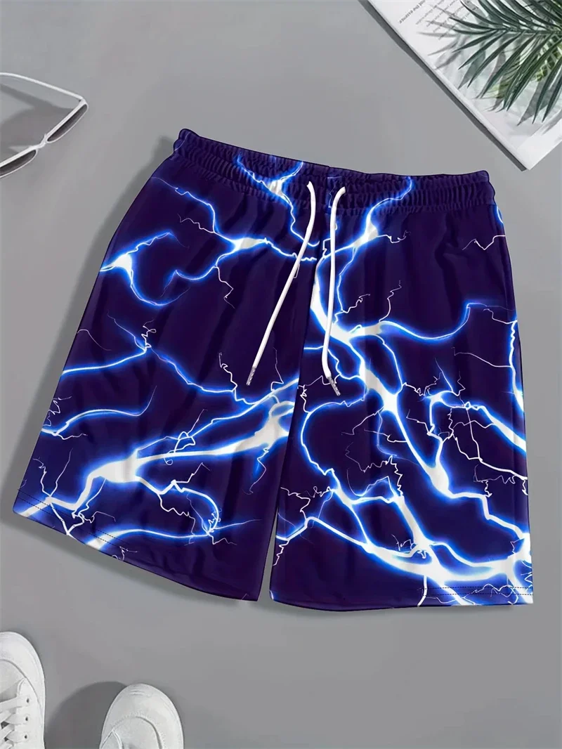 Men's Beach Shorts, 3D Lightning Graphic Print, Casual, Summer, Hawaiian Surfing Shorts, Y2k, Quick-drying