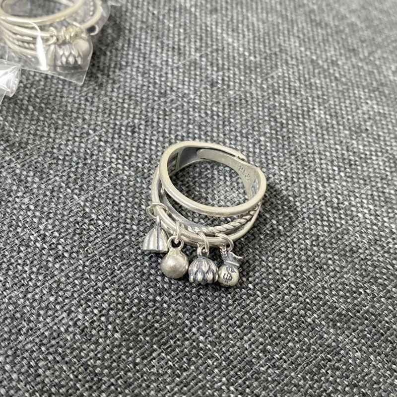 Retro Matte double layer lotus pod lucky bag small pendant ring jewelry 100% real silver tassel for women adjustable jz073