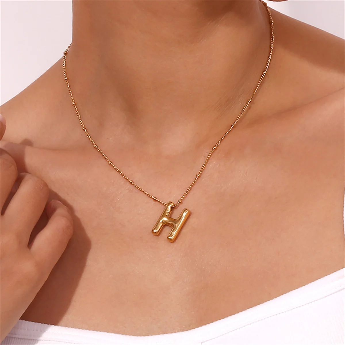 Vintage Stainless Steel Balloon Bubble Chunky Letter Necklace for Women 18K Gold Plated Initial Necklaces Collar Jewelry Gift image 4