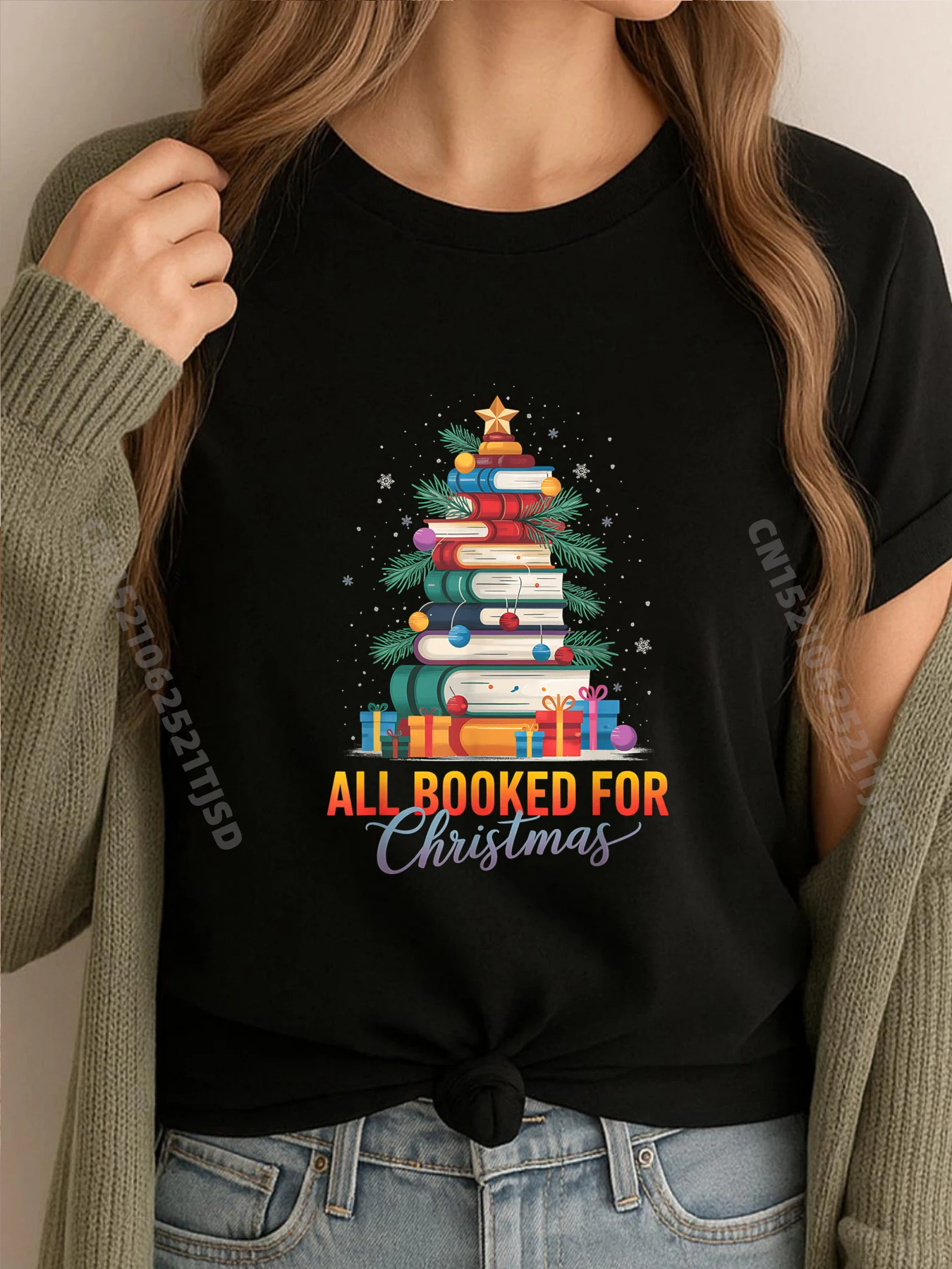 

All Booked For Christmas Book Christmas Tree Lights Bookish Black Graphic T Shirts Female Oversize Man Man Tops Tees Normal
