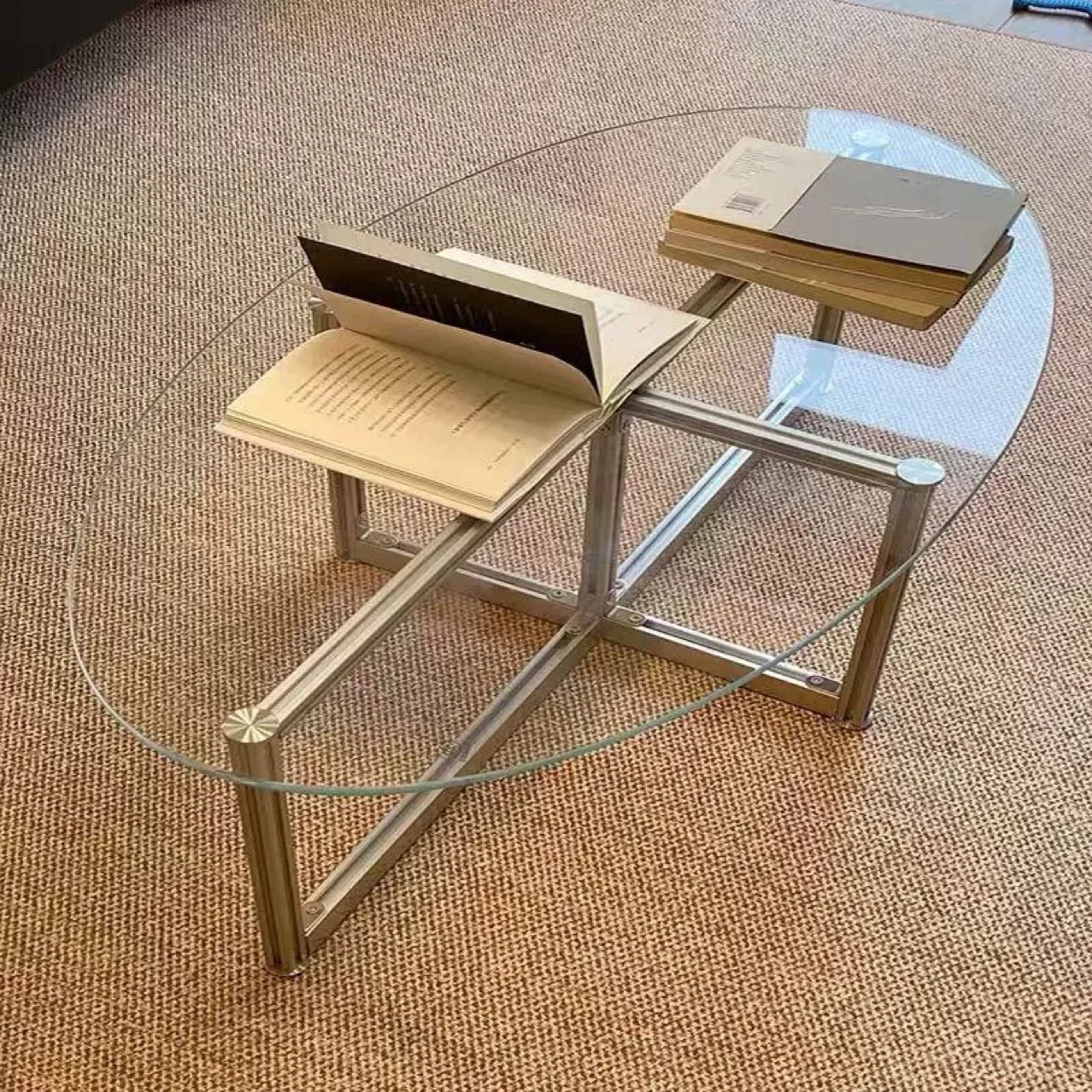 Nordic retro tempered glass coffee table oval modern simple home Bauhaus small apartment aluminum frame table