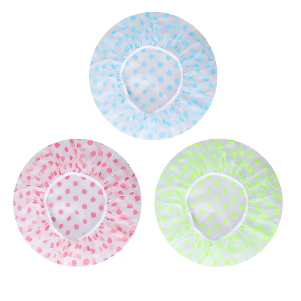 3Pcs Women Shower Cap Waterproof Wide Elastic Band Reusable Bashroom Cap Fashion Wave Point Shower Hat Bathroom Accessories