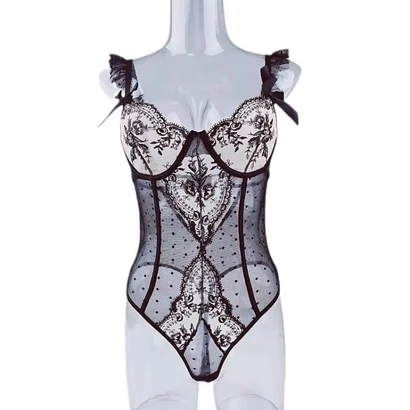 

Womens Erotic Western Style Lace Embroidery Sensual Mesh Patchwork See Through Alluring Charming Premium Erotic Bodysuit