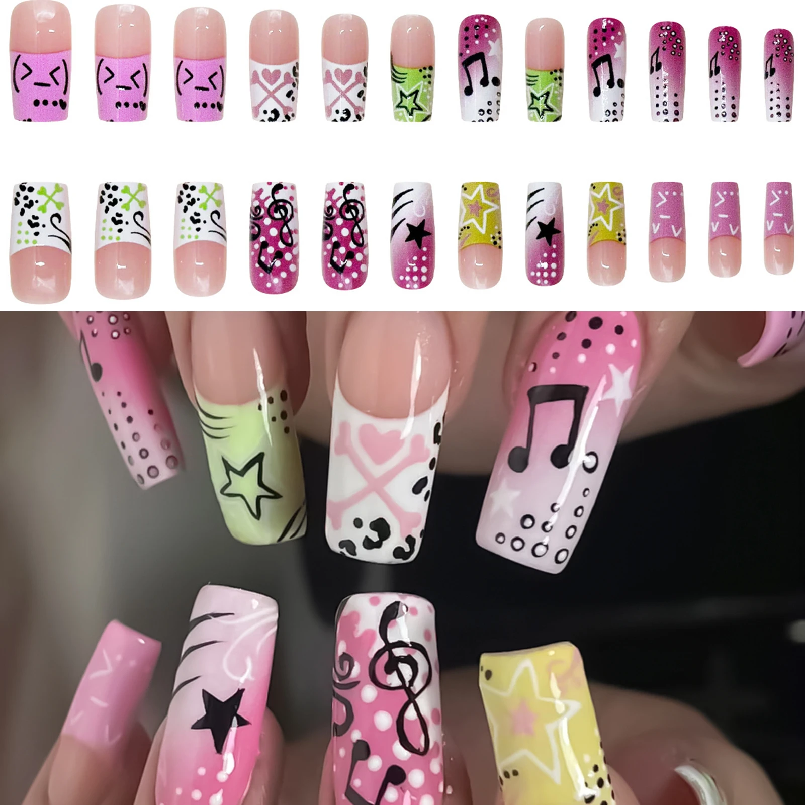 24 Stück Y2K Mädchen-Stil Künstliche Nägel Musiknote Sternmuster Langer Sarg Falsche Nägel Tragbare würzige Mädchen Ballett Press on Nails