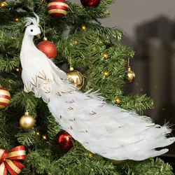 Glitter White Peacock Ornaments Shiny Real Feathers Bird Christmas Tree Decor Office Home Xmas Party Decoration