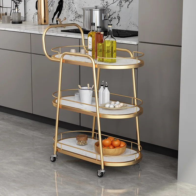 Simple and Light Luxury Hotel Restaurant Stone Plate Light Movable Food Delivery Van Wrought Iron Metal Three-Layer Trolley