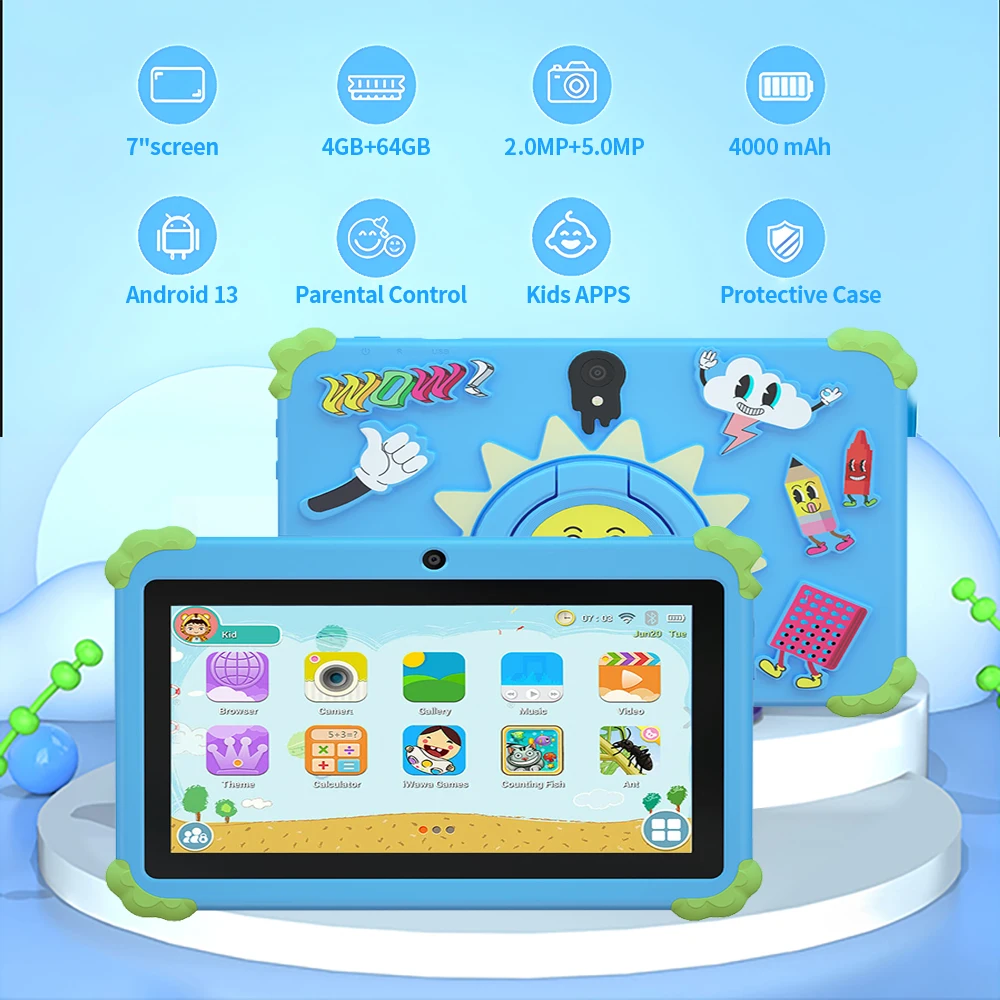 2025 original dos desenhos animados 7.0 polegadas tablet infantil mini pc 4gb + 64gb software infantil android 13 controle parental
