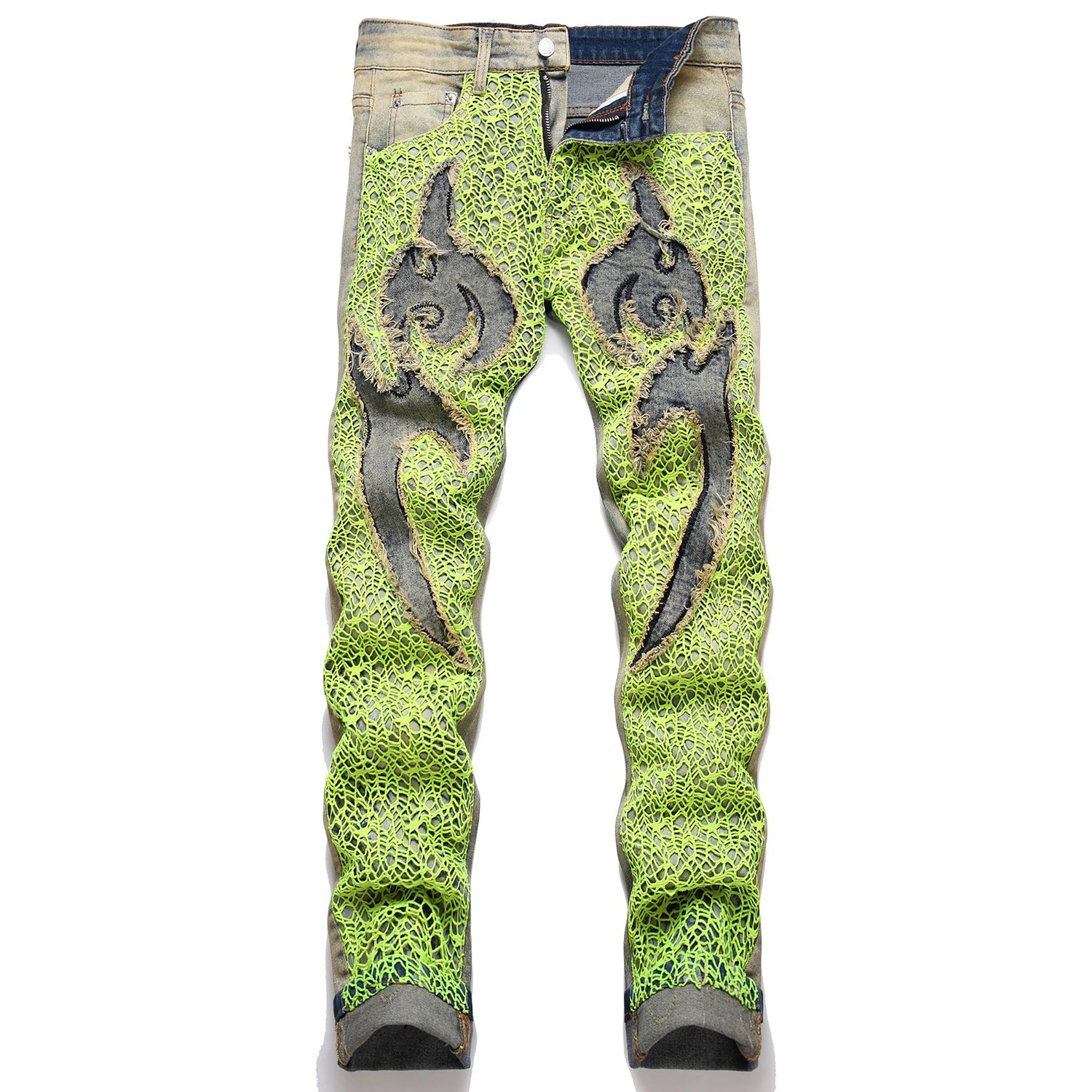 Light Luxury Men’s Slim-fit Hip-hop Denim Pants,Fashion Green Net Decors Trendy Blue Jeans, Sexy Street Jeans Pants;