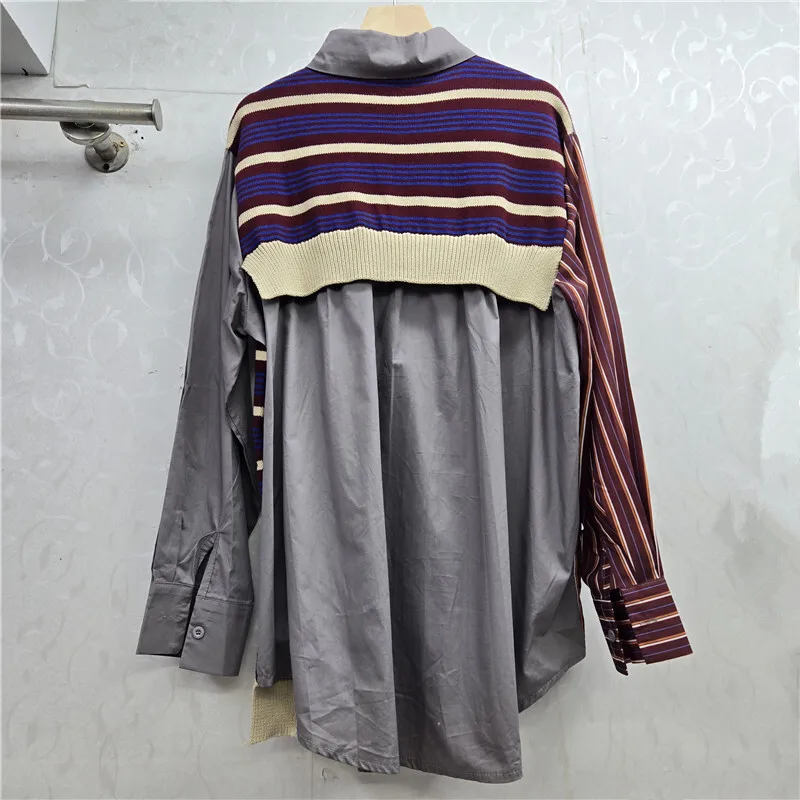 WTHT Nieuwe Trendy vrouwen Nep Tweedelige Gesplitst Gestreept Gebreid Shirt 2025, Herfst Mode Revers Lange Mouwen Blouse Vrouwelijke 1LS2540