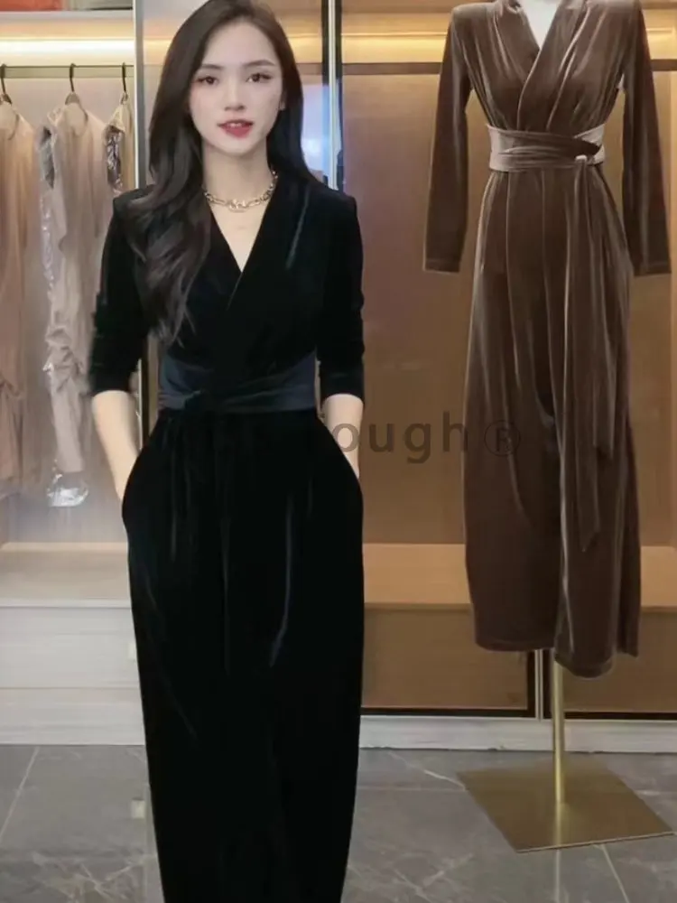 Autumn Elegant Velvet Jumpsuits Women Korean Style Bandage Designer Office Lady Jumpsuits Long Sleeve Casual Jumpsuits 2022 New