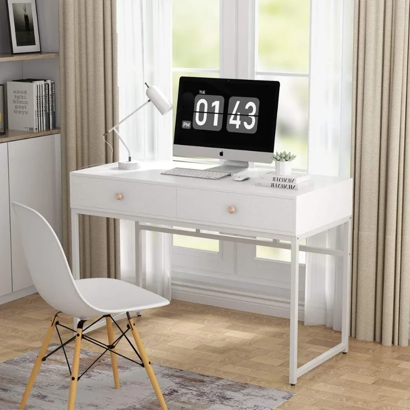 Modern Simple 47 inch Home Office Desk Study Table Writing Desk with 2 Storage Drawers, Makeup Vanity Console Table White