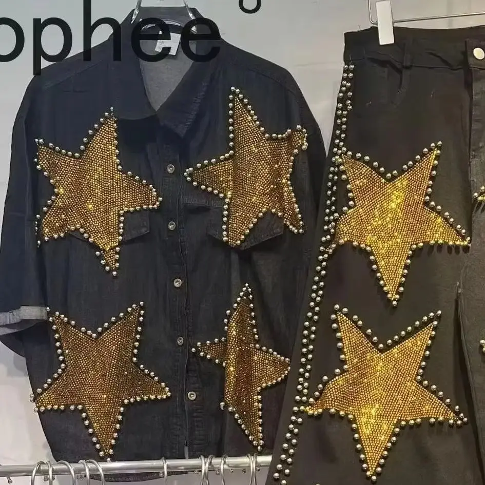 

High Quality Women Denim Two-piece Set Beading Five-pointed Star Short Sleeve Shirt Coat + High Waist Wide Leg Straight Jeans