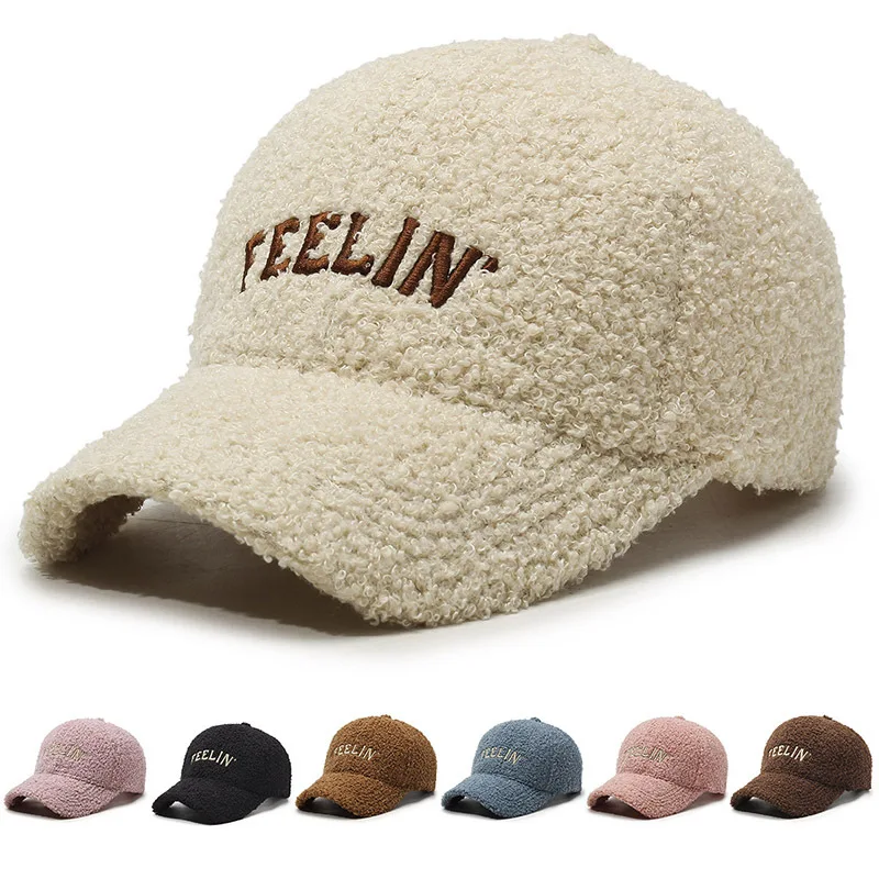 New Teddy Fur Baseball Cap Women Men Autumn Winter Lamb Wool Warm Hat Outdoor Windproof Sunshade Adjustable Letter Caps