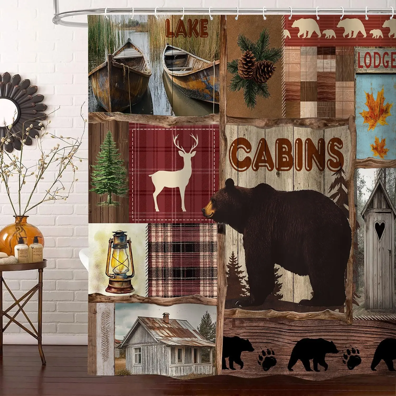 

Занавеска для душа в деревенском стиле, винтажная деревенская антикварная ложа, медведь, озеро, кленовый лист, декор, занавески для ванной, 72 x 72 дюйма с крючками