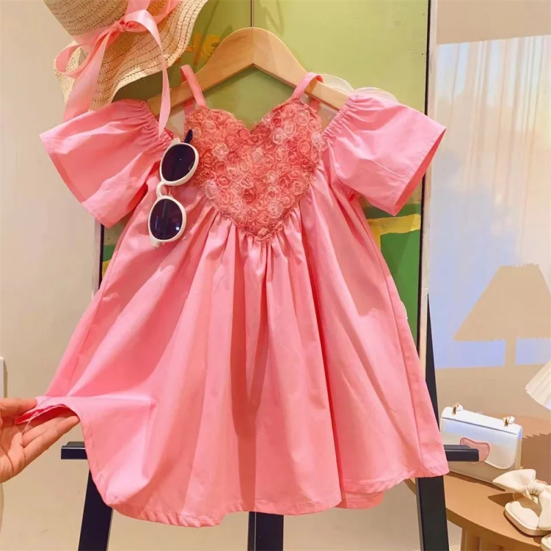 

New Girls' Heart-Shaped Multi-Part Short Sleeve Wide Pure Color Trendy Princess Dress2024Summer Clothing One Piece Dropshipping-