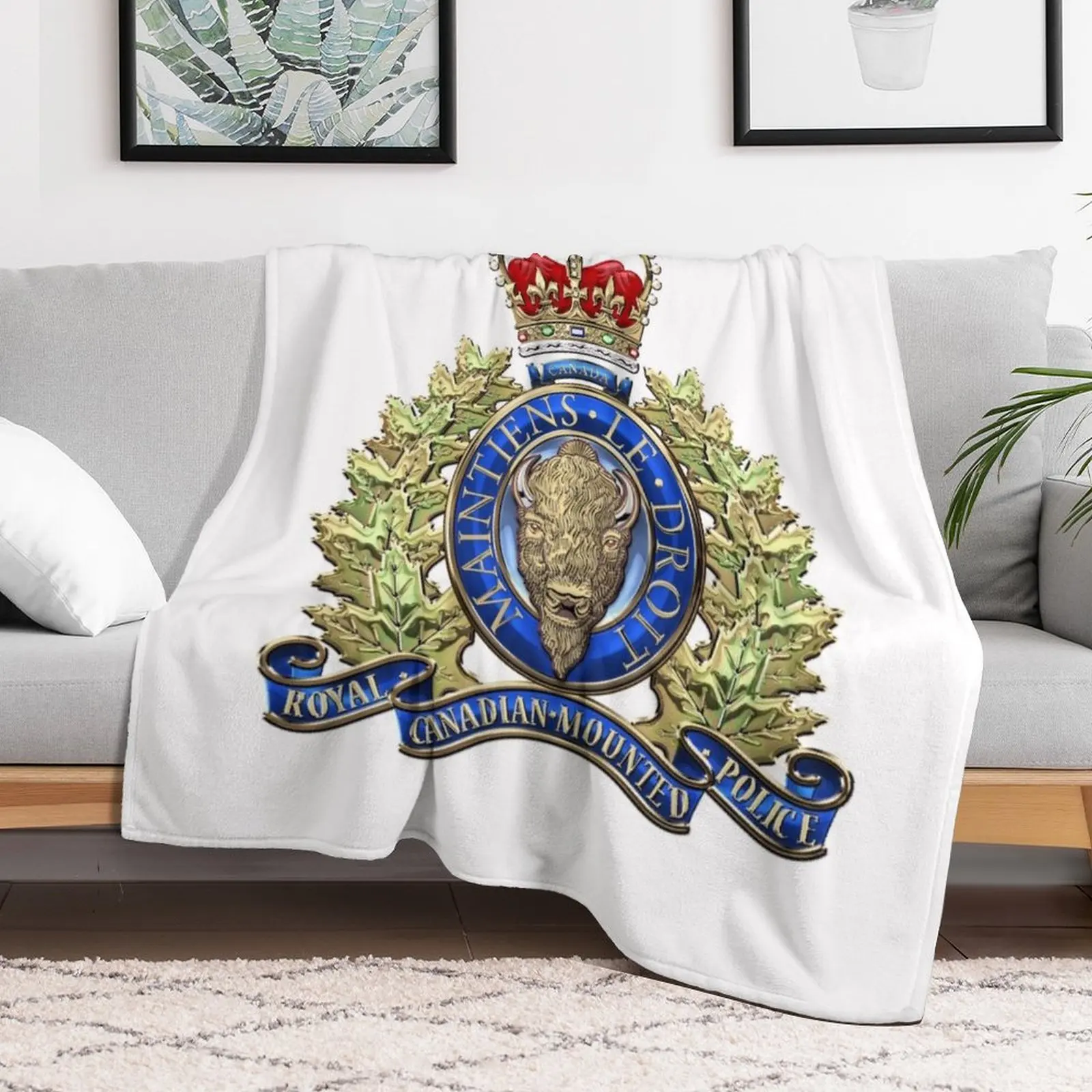 Royal Canadian Mounted Police - RCMP Badge over White Leather Throw Blanket Beautifuls Plaid on the sofa Hair Sofas Blankets