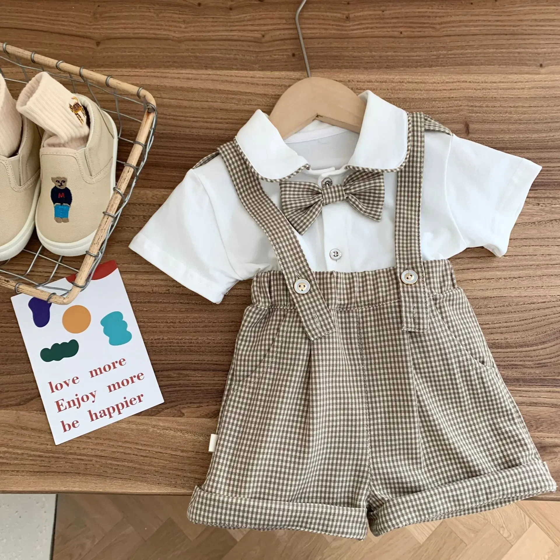 2024 Summer Children Boy Clothes Set Cotton College Style Striped Suspenders Suit Solid White Shirt Include Bow Tie For 0-6Y Boy