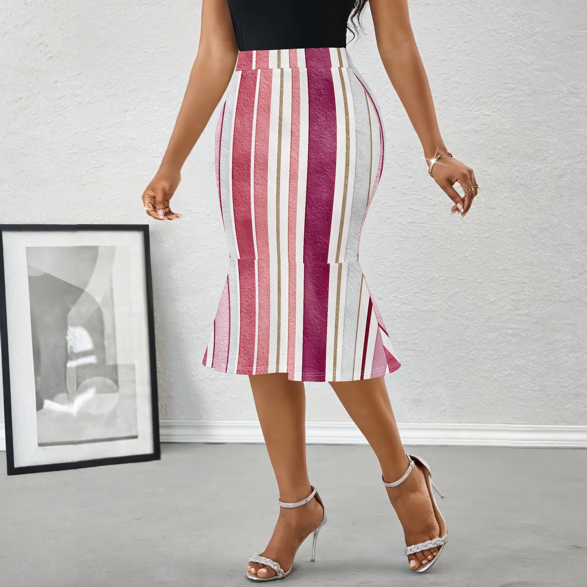 Striped Mermaid Skirt, Pink Vertical Lines, High Waist Midi Skirt, Ruffle Hem Bottoms, Office Party Wear S-2XL