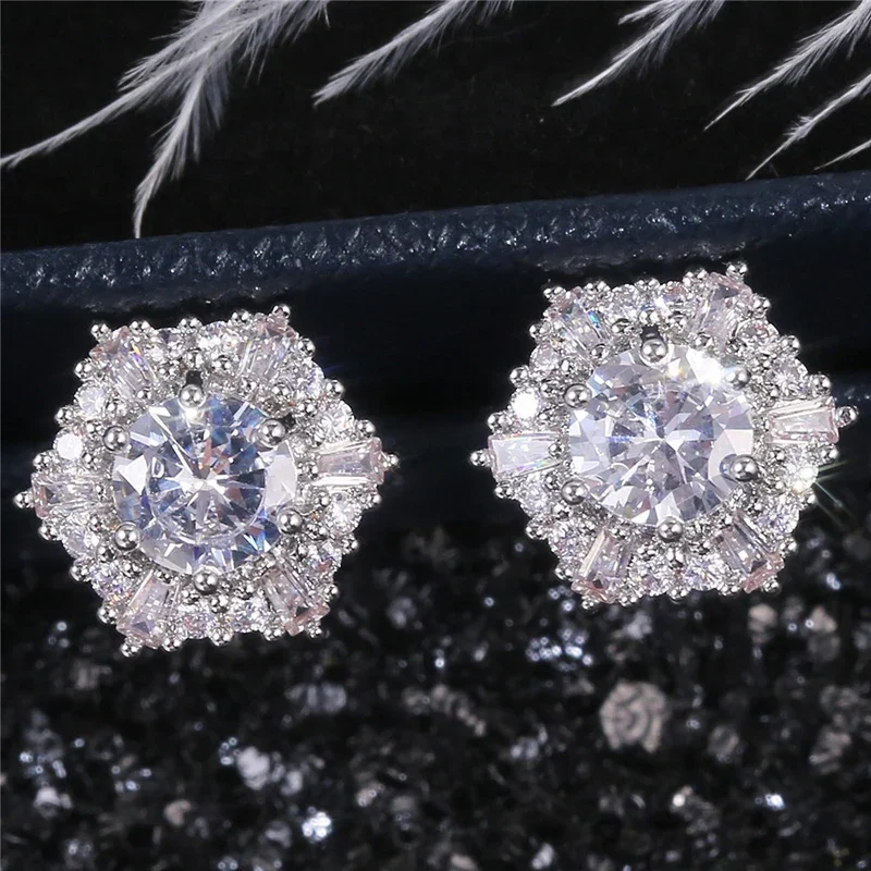 Huitan Sparking Luxury Cubic Zirconia Stud Earrings Female Hexagonal Shaped Brilliant Ear Accessories Exquisite Wedding Jewelry