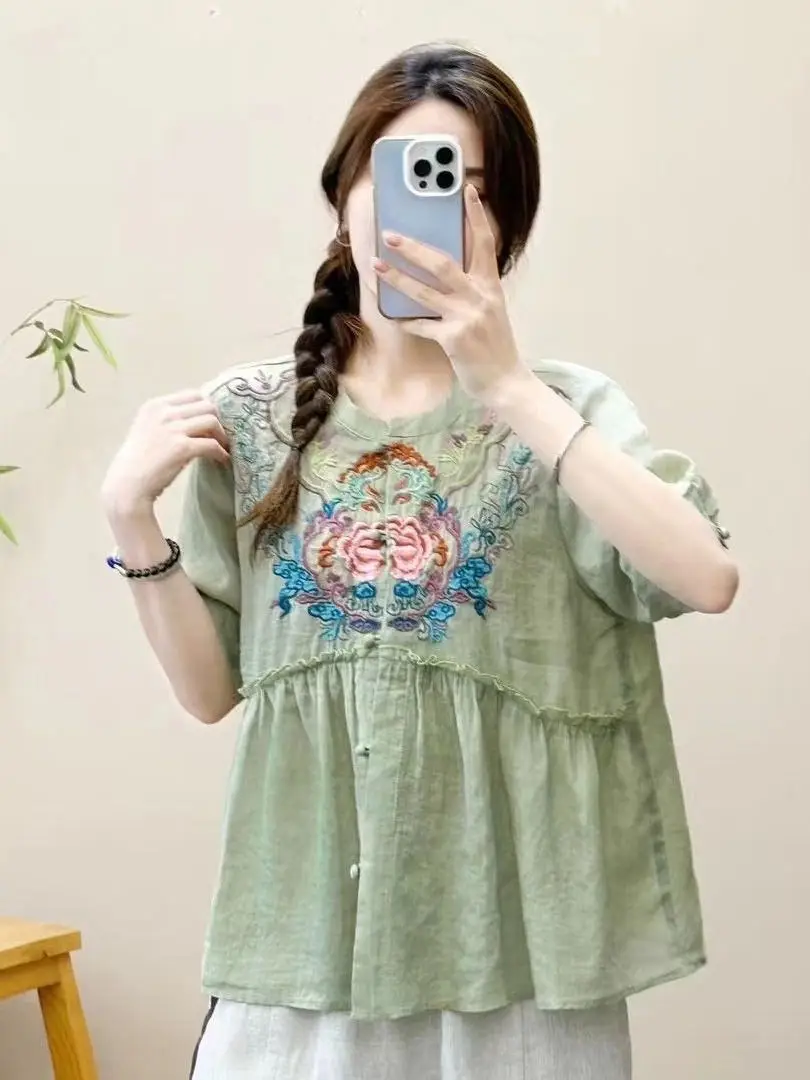 レトロな手刺繍リネンレースパッチワークラウンドネック半袖シングルボタン中国風トップス女性用通勤ファッション 1
