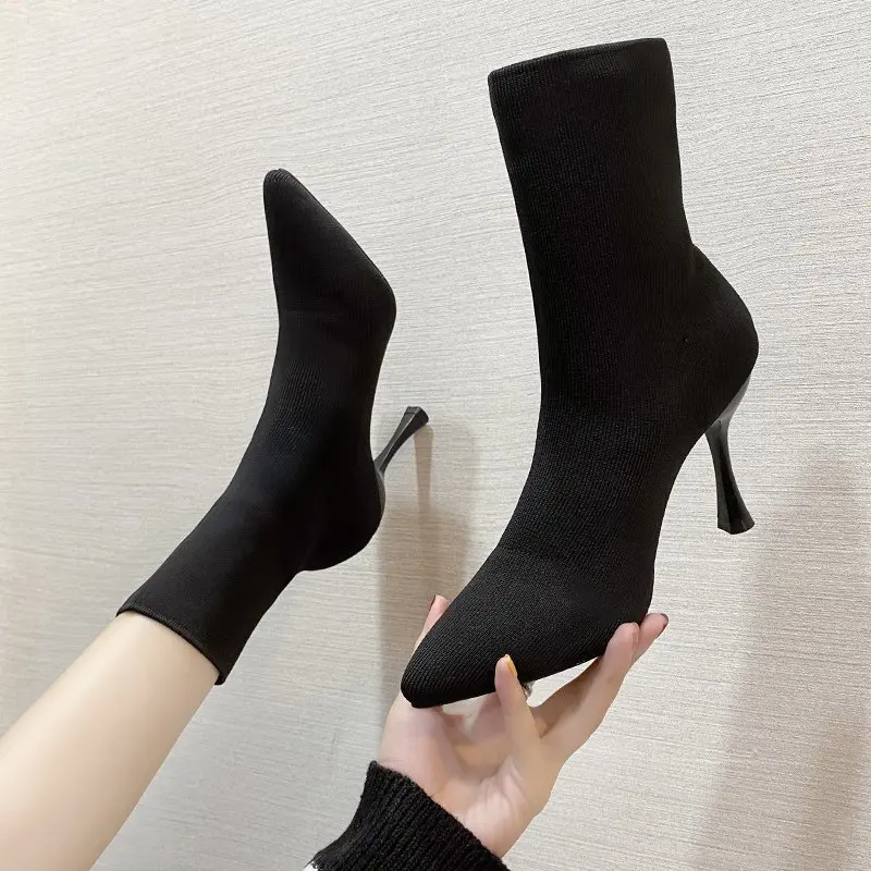 9cm 7cm 5cm Stretch Fabric Socks Boots Women Black Shoes Elegant Pointed Toe Knitting Elastic Ankle Boots for Women