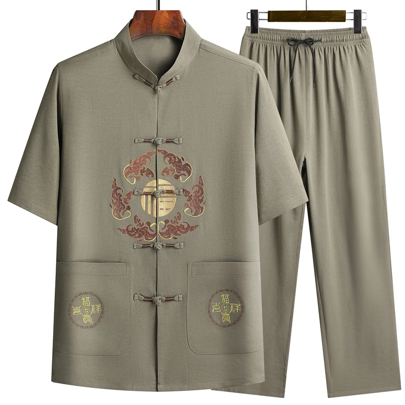 Conjunto de traje Tang de manga corta para hombre, pantalón largo, bordado de dragón tradicional, Kung Fu, seda satinada, Wu Shu, Tai Chi, nuevo