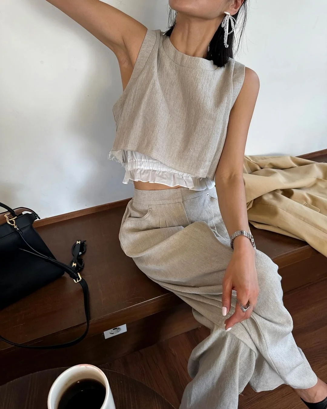 

High Waist ort Svel Vest Top Cotton Linen Patchwork Set Women's Faion Summer Outfit Wide Leg Pants Anti-Light