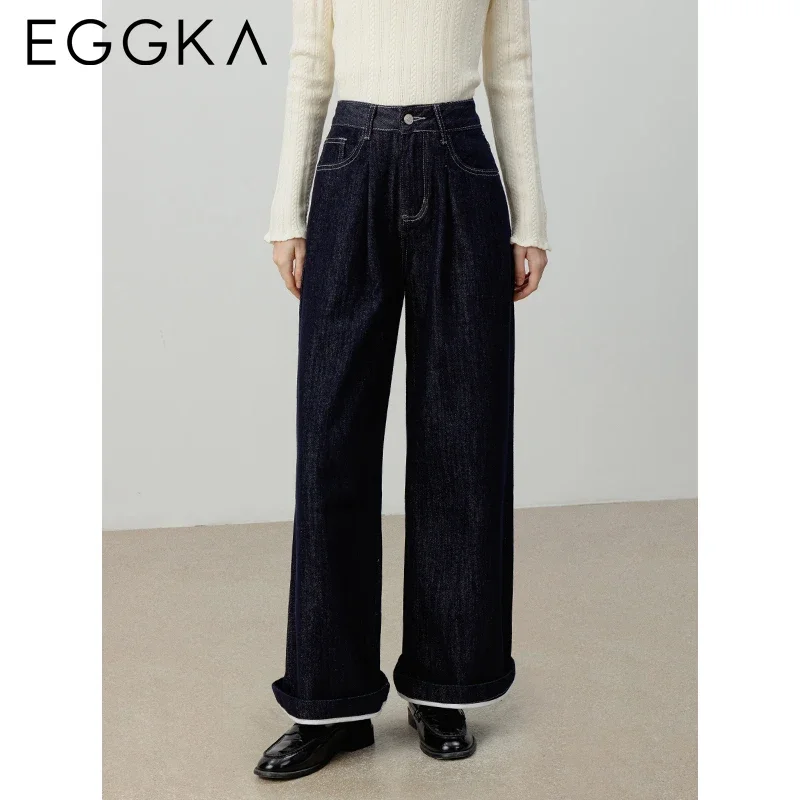 EGGKA Autumn Casual Wide-leg Jeans Women\'s Retro High-waist Jean Slim Straight Pants Korean Fashion Vintage Dark Blue Trousers