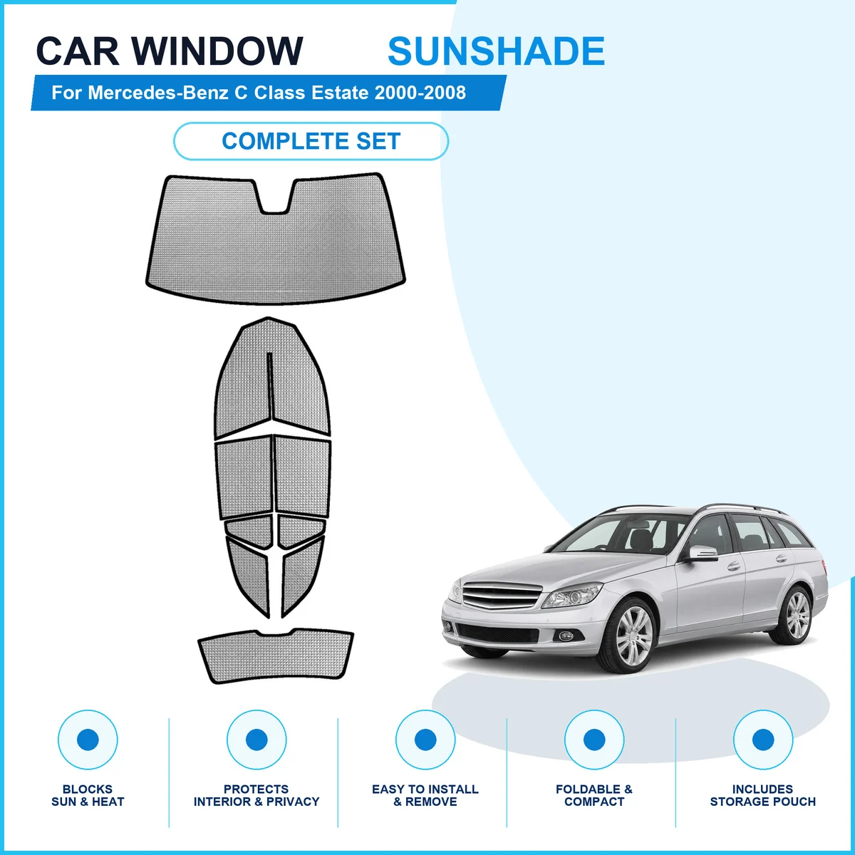 For Mercedes-Benz C Class Estate 2000-2008 Custom Full Set Window Sunshades Aluminum Foil Suction Cup Anti UV Privacy