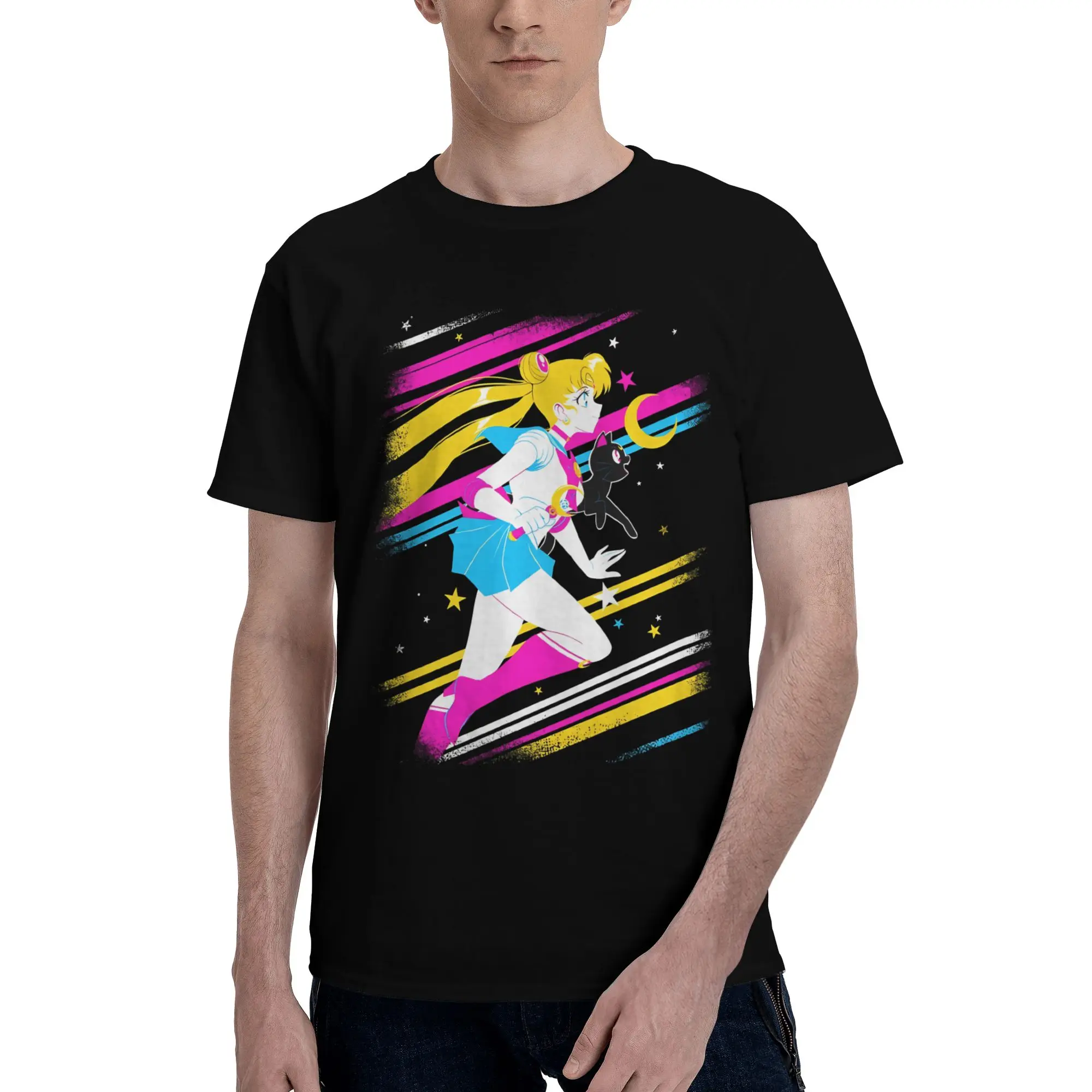 The Moon, The Rabbit and The Cat  Novelty 100% Cotton T-Shirt Bandai Sailor Moon Tops Tees For Men