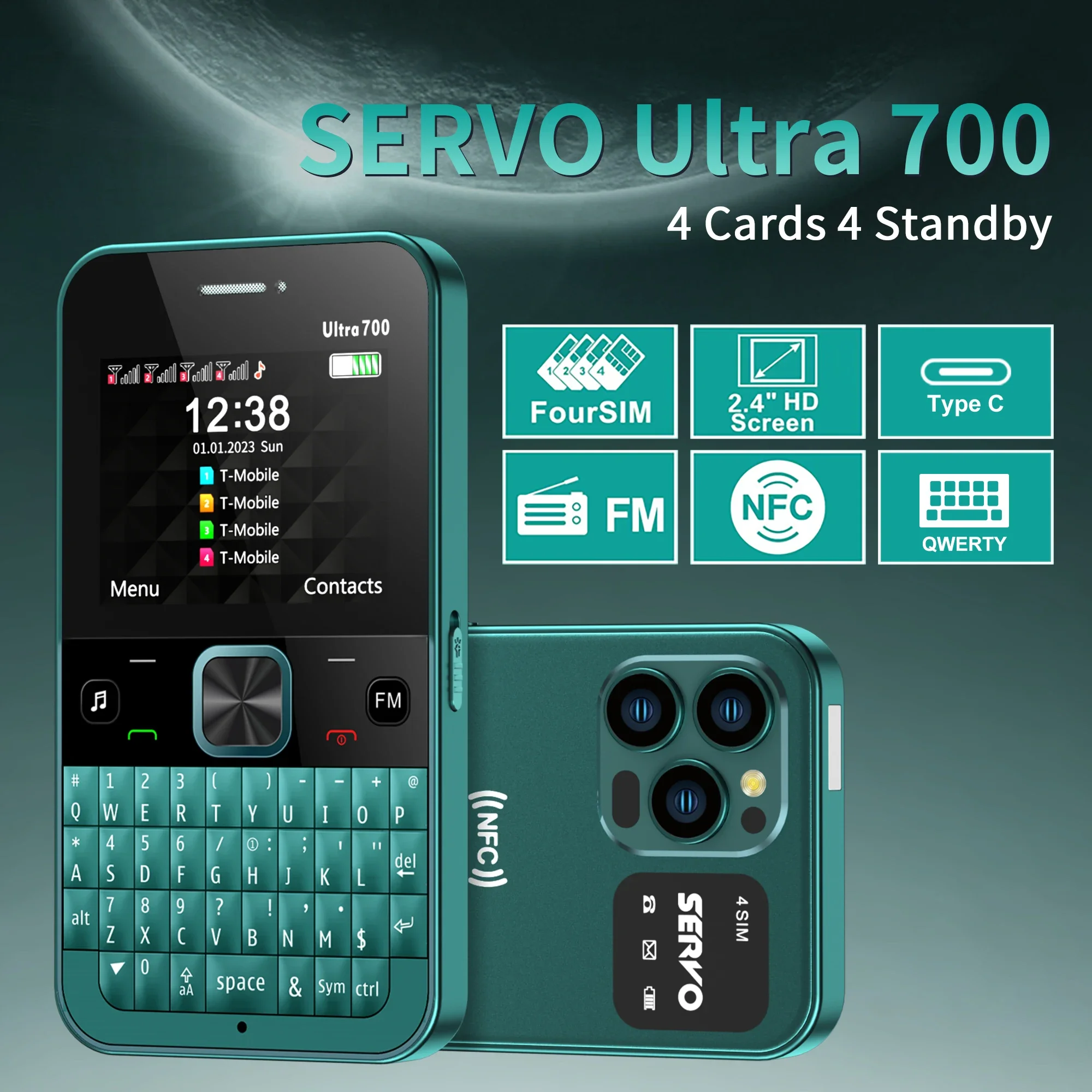 

Ultra 700 Qwerty Keyboard 4 SIM Cards Mobile Phone NFC Speed Dial FM Radio Auto Call Record Type-C Cellphones 2.4" Display