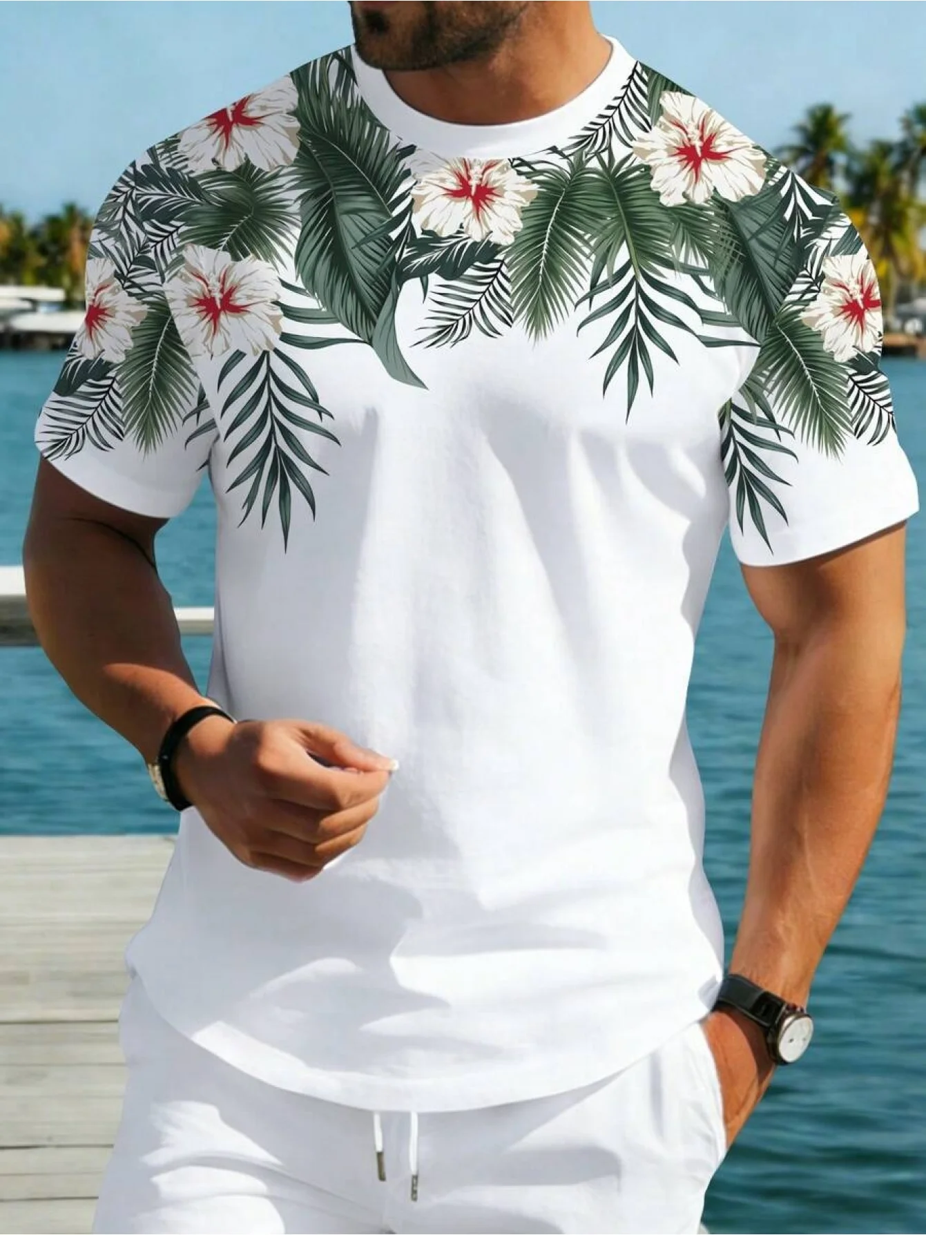 New men's short-sleeve T-shirt, loose-fitting and tailored with printed designs, versatile basic crew-neck top suitable for spri