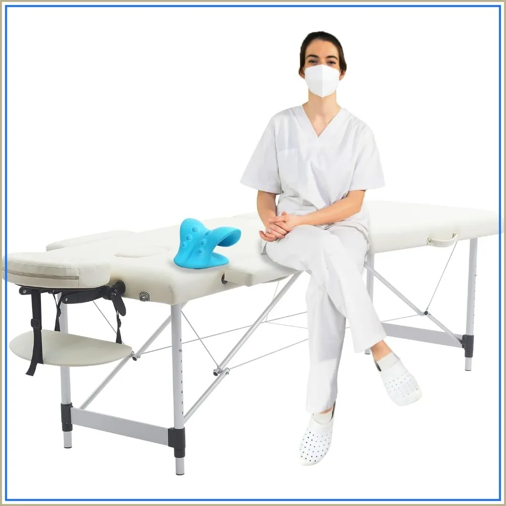 Portable Massage Table with Neck Stretcher, 84 in Adjustable Bed, Cream, 2-Fold