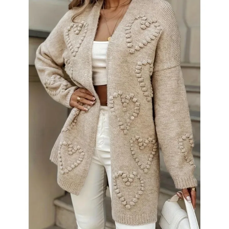 

1pcs Women's Khaki Heart Pattern Cardigan,Casual Elegant Soft Comfortable Fabric,Autumn Winter Season Wear,Daily Trendy Sweater