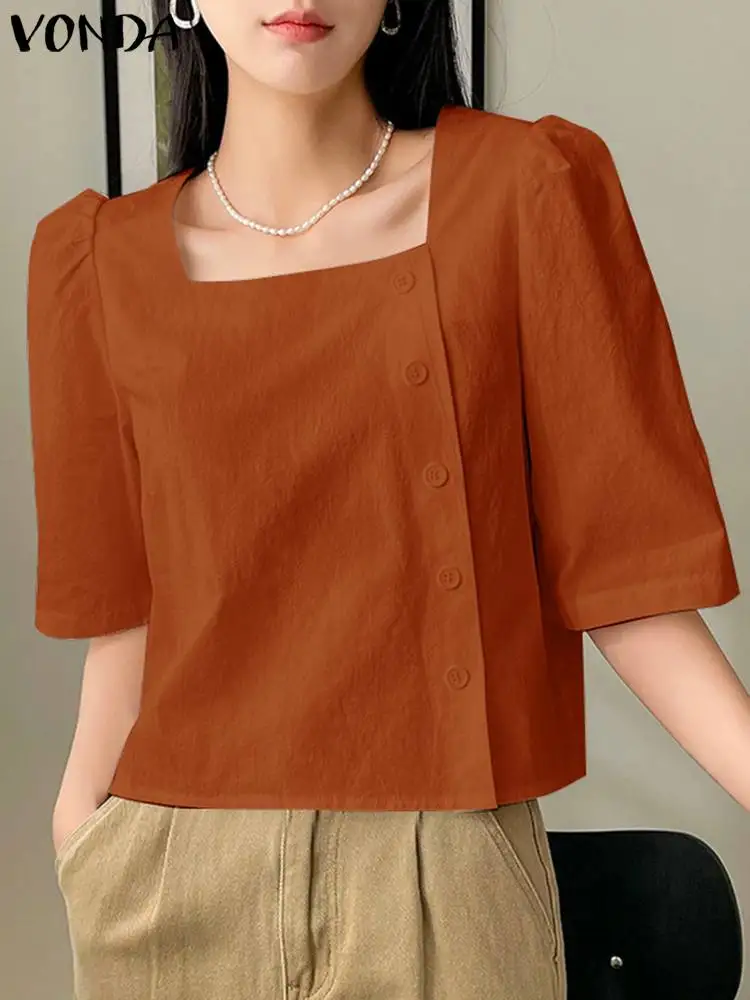 2024 VONDA Women Summer Fashion Blouses Shirts Square Collar Tops Tunic Half Puff Sleeve Casual Solid Color Buttons Loose Blusas