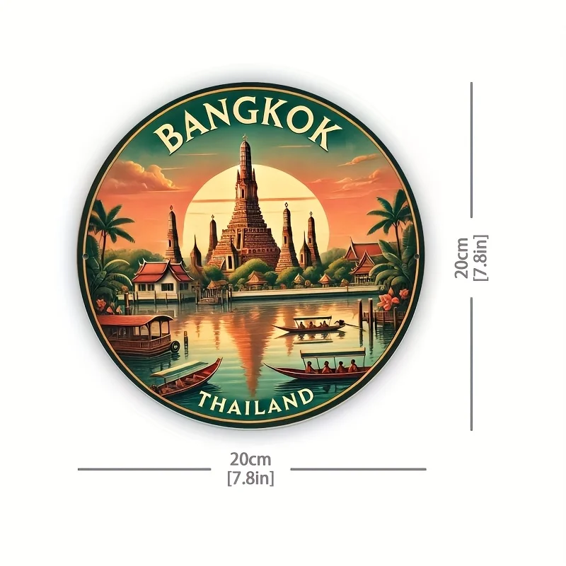 Vintage Bangkok Thailand Round Metal Wall Art Sign - 20.32cm Aluminum Decorative Mural with Iconic Wat Xieng Thong & Sunset Scen