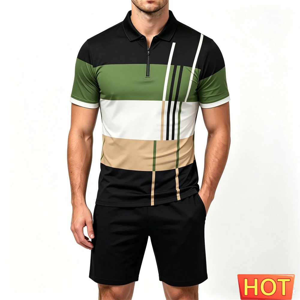 Fashion Men's Sweatshirt Set Simple Stripe Print Zip Polo Shirts and Shorts 2 Piece Summer Casual Loose Sports Short Sleeve Suit view 3