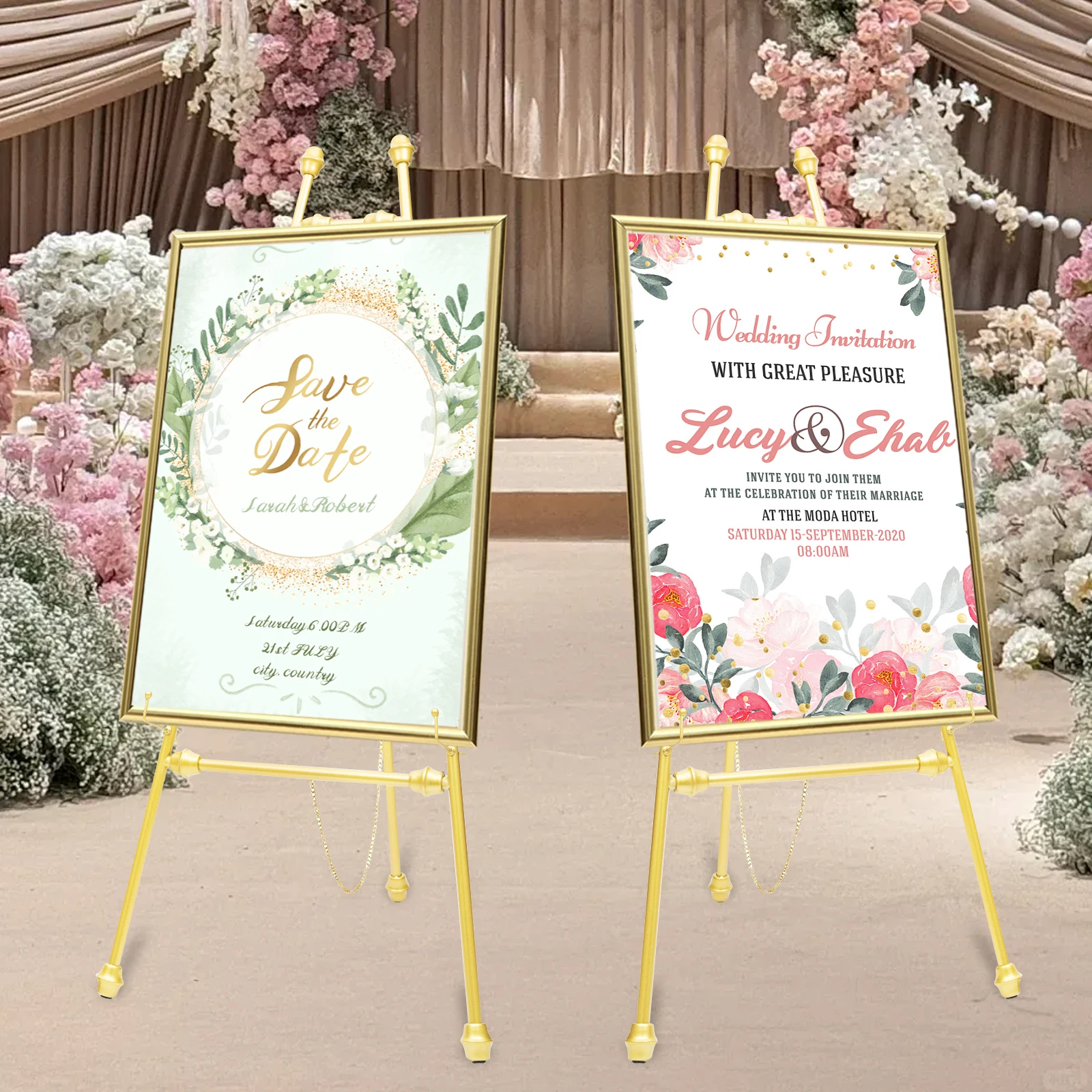 Gouden fotolijst displaystandaard voor bruiloftsfoto's, jubilea en evenementen |   Set van 2 Achtergrond-ezels 50x118cm, ijzeren decor